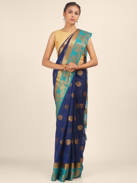 

Hastakala Women Navy Blue Woven Designed Jute Silk Banarasi Saree