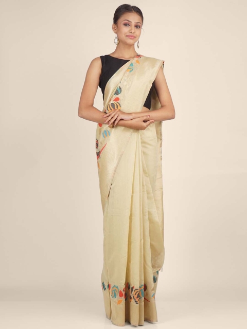 

Hastakala Cream-Coloured & Orange Woven Design Zari Jute Silk Banarasi Saree