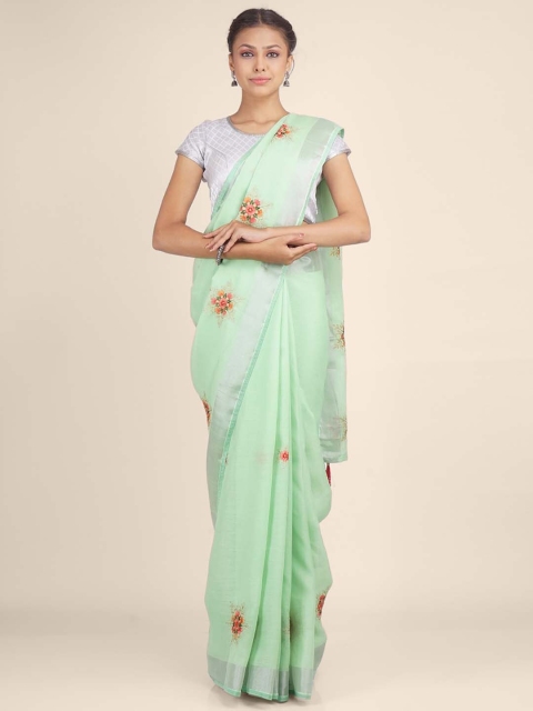 

Hastakala Green & Orange Floral Zari Pure Linen Saree