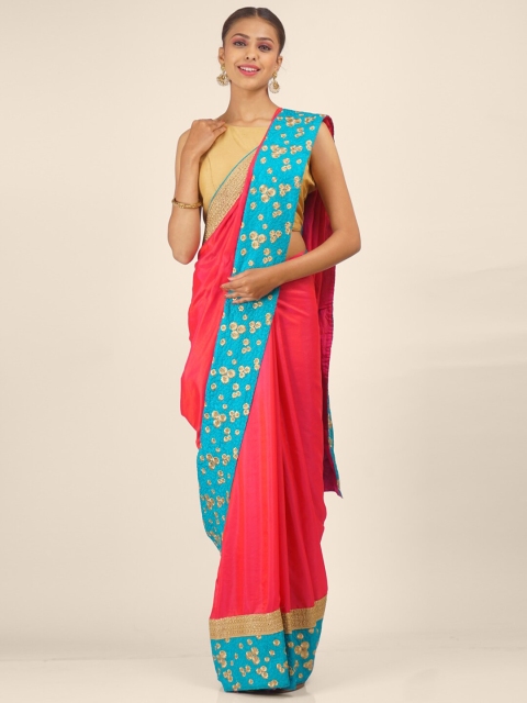 

Hastakala Pink & Turquoise Blue Pure Crepe Saree