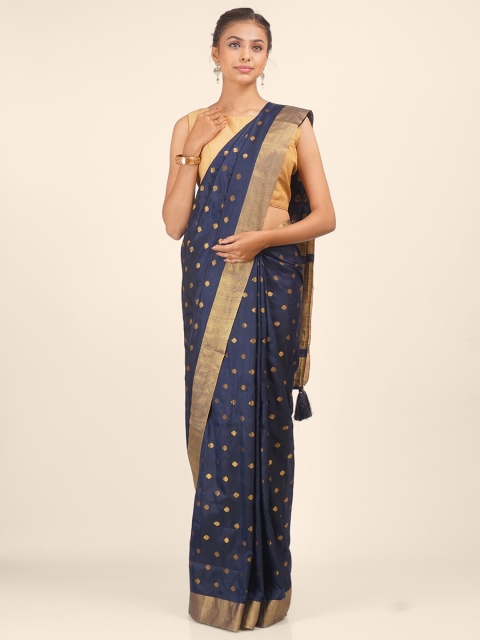 

Hastakala Navy Blue & Gold-Coloured Ethnic Motifs Zari Art Silk Tussar Saree