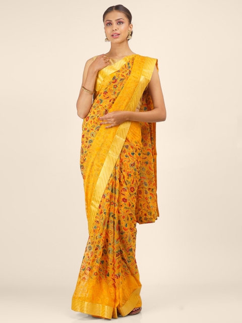 

Hastakala Mustard & Orange Floral Brasso Bandhani Saree