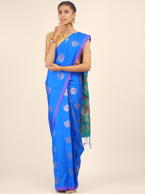 

Hastakala Blue & Silver-Toned Woven Design Zari Pure Silk Saree