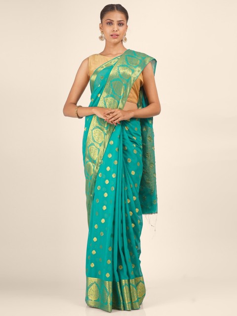 

Hastakala Green & Gold-Toned Woven Design Zari Pure Georgette Banarasi Saree