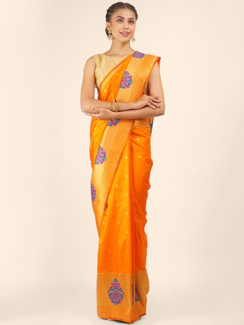 

Hastakala Orange & Gold-Toned Floral Art Silk Saree