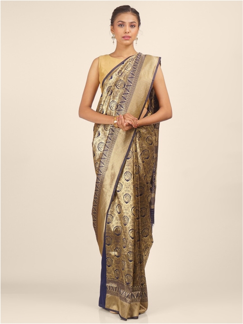 

Hastakala Women Navy Blue & Gold-Toned Woven Designed Art Silk Saree