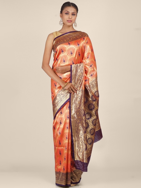 

Hastakala Peach-Coloured & Violet Ethnic Motifs Zari Brocade Saree