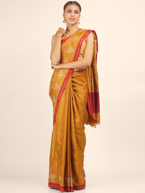 

Hastakala Mustard Yellow & Red Ethnic Motifs Embroidered Jute Silk Banarasi Saree