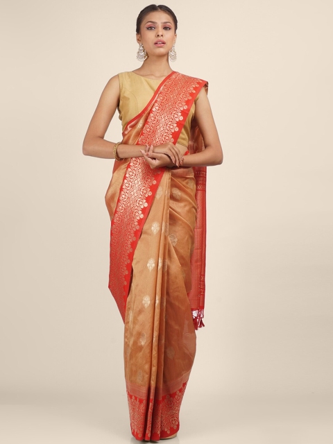 

Hastakala Gold-Toned & Red Ethnic Motifs Woven Designed Jute Silk Banarasi Saree