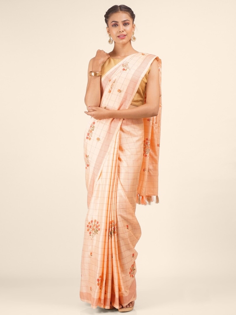 

Hastakala Peach-Coloured & Green Floral Raw Silk Saree