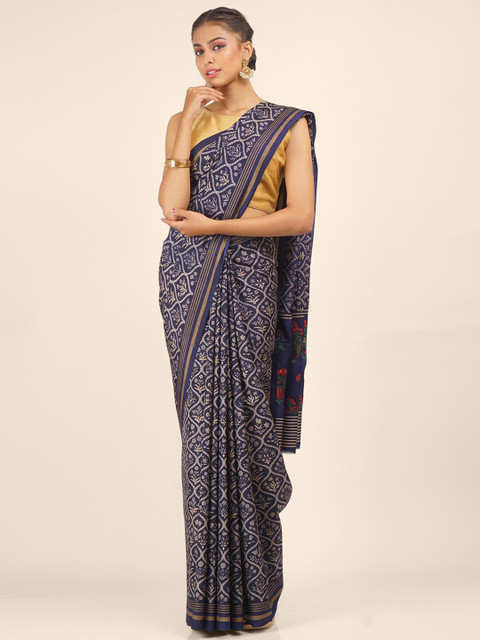 

Hastakala Navy Blue & Gold-Toned Floral Art Silk Saree