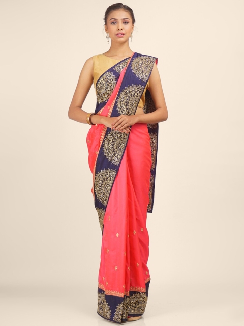 

Hastakala Pink & Blue Ethnic Motifs Zari Embroidered Saree