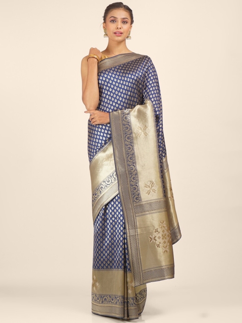 

Hastakala Navy Blue & Gold-Toned Ethnic Motifs Woven Designed Pure Crepe Banarasi Saree