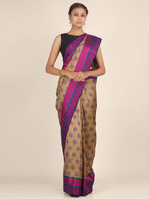 

Hastakala Gold-Toned & Magenta Woven Design Zari Brocade Saree