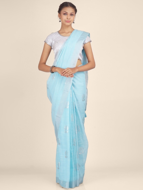 

Hastakala Blue & Silver-Toned Floral Printed Art Silk Saree