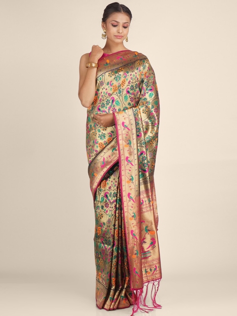 

Hastakala Gold-Coloured & Pink Floral Woven Zari Brocade Saree