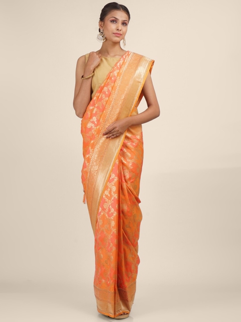 

Hastakala Peach-Coloured & Gold-Toned Woven Design Brocade Saree