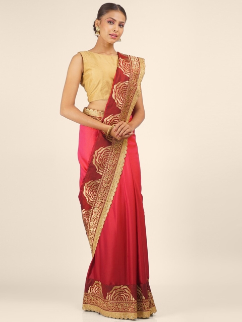 

Hastakala Maroon & Gold-Toned Zari Pure Crepe Saree