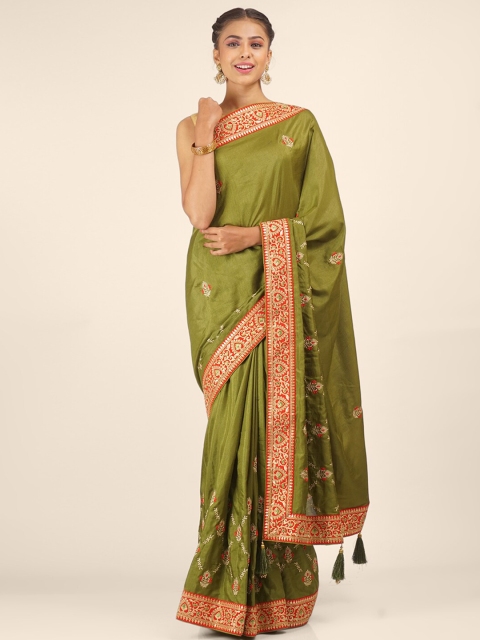 

Hastakala Olive Green & Red Ethnic Motifs Embroidered Pure Silk Saree