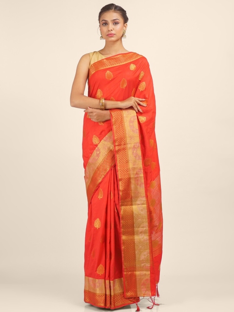 

Hastakala Orange & Gold-Toned Floral Zari Art Silk Saree