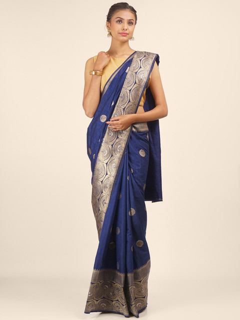 

Hastakala Navy Blue & Gold-Toned Ethnic Motifs Woven Designed Art Silk Saree