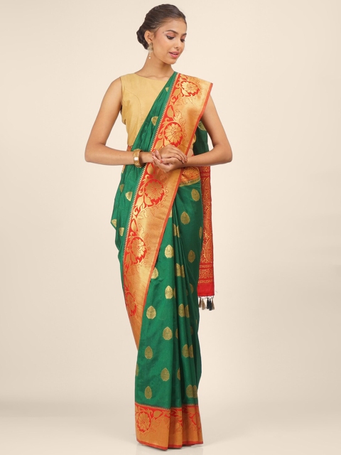 

Hastakala Green & Orange Ethnic Motifs Zari Jute Silk Banarasi Saree