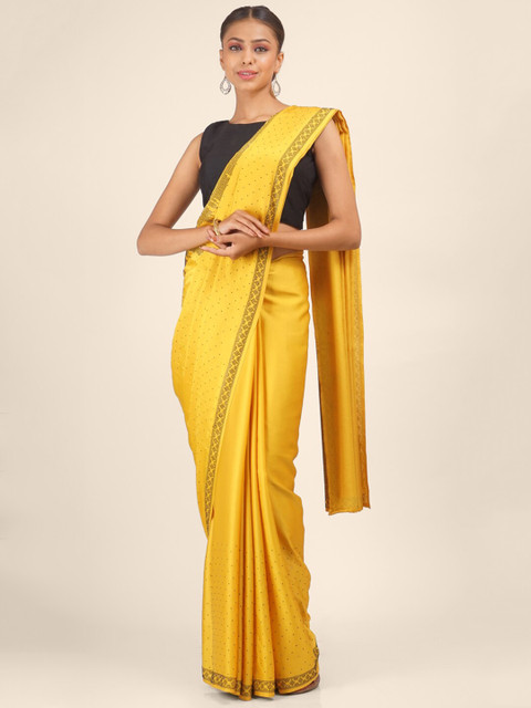 

Hastakala Yellow & Black Pure Crepe Mysore Silk Saree