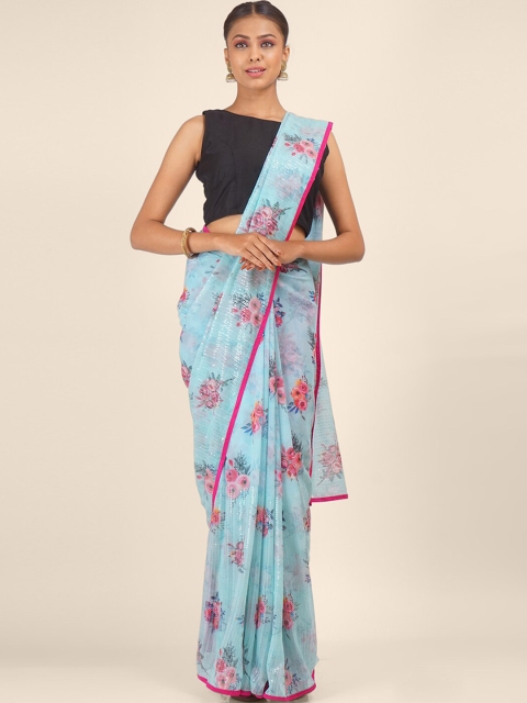 

Hastakala Green & Pink Floral Sequinned Pure Chiffon Saree