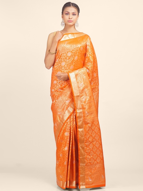 

Hastakala Orange & Gold-Toned Woven Design Zari Tissue Kanjeevaram Saree