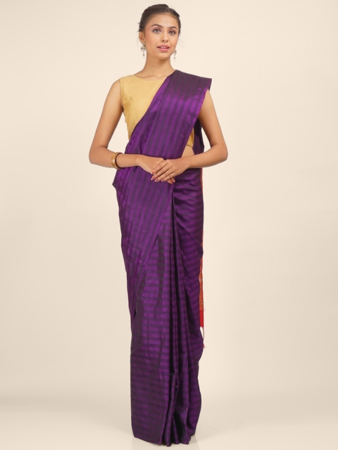 

Hastakala Purple & Red Striped Zari Pure Silk Saree