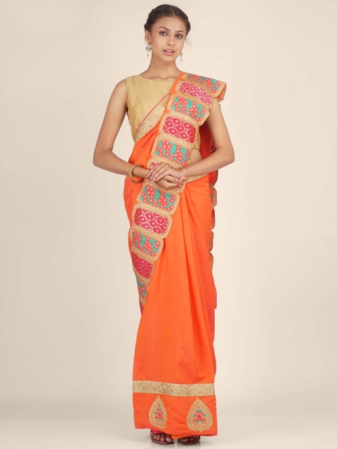 

Hastakala Women Orange Embroidered Pure Crepe Saree