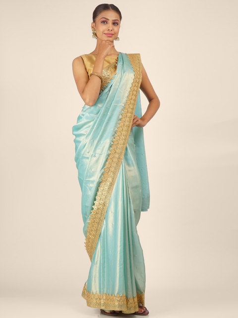 

Hastakala Green & Gold-Toned Embellished Beads & Stones Saree