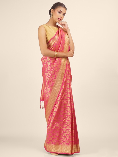 

Hastakala Pink & Gold-Toned Woven Design Zari Brocade Banarasi Saree