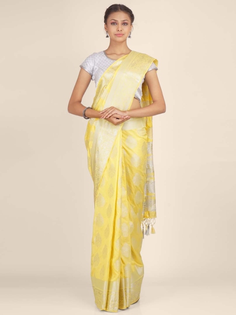 

Hastakala Yellow & Silver-Toned Ethnic Motifs Woven Designed Art Silk Saree
