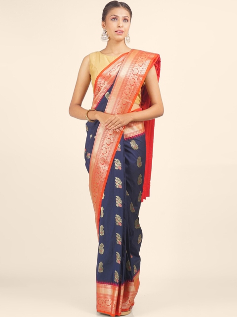 

Hastakala Navy Blue & Orange Woven Design Aari Work Pure Silk Kanjeevaram Saree