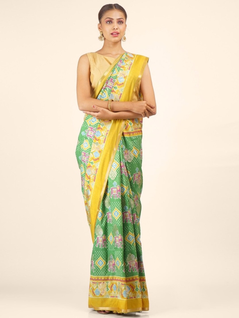 

Hastakala Green & Yellow Ethnic Motifs Printed Zari Pure Silk Patola Saree