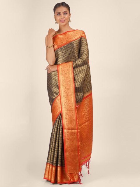 

Hastakala Black & Orange Woven Design Zari Brocade Saree
