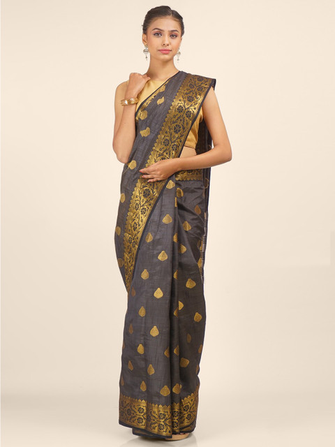 

Hastakala Charcoal & Gold-Toned Woven Design Zari Art Silk Tussar Saree