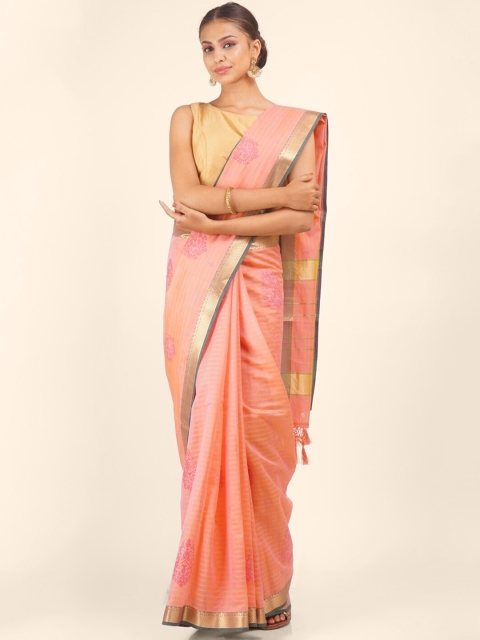 

Hastakala Peach-Coloured & Gold-Coloured Ethnic Motifs Zari Pure Cotton Kota Saree