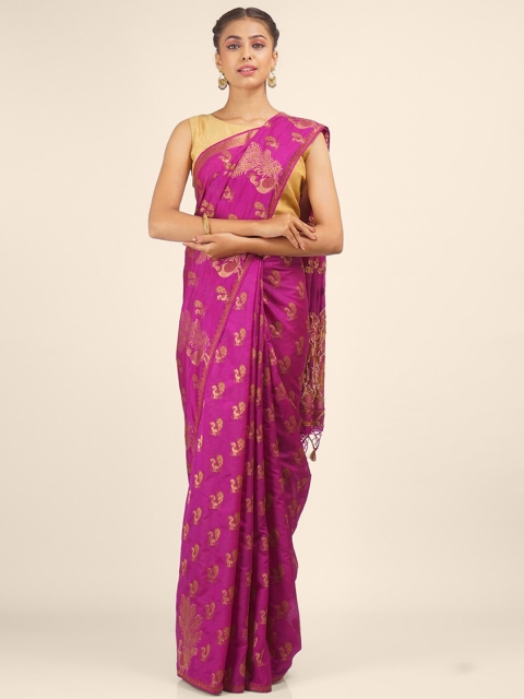 

Hastakala Magenta & Gold-Toned Woven Design Zari Jute Silk Banarasi Saree