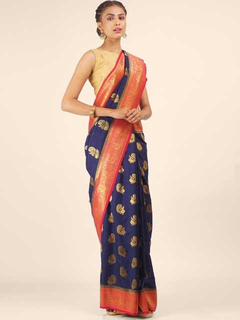 

Hastakala Navy Blue & Orange Woven Design Zari Silk Blend Banarasi Saree