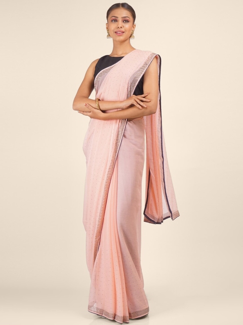 

Hastakala Peach-Coloured & Silver-Toned Embellished Pure Chiffon Saree