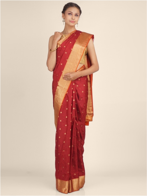 

Hastakala Maroon & Gold-Toned Ethnic Motifs Pure Silk Saree
