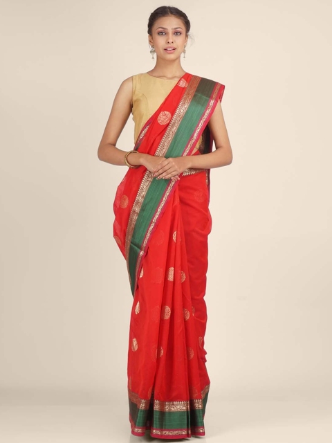 

Hastakala Red & Green Ethnic Motifs Woven Designed Silk Blend Saree