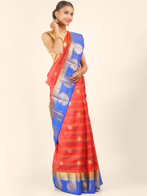 

Hastakala Red & Blue Ethnic Motifs Zari Silk Blend Tussar Saree
