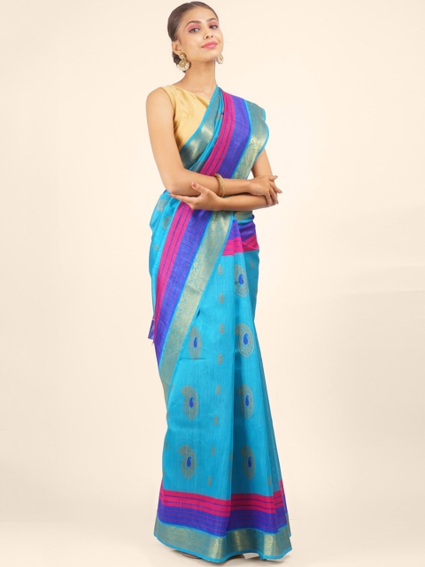 

Hastakala Blue & Gold-Toned Paisley Zari Pure Cotton Khadi Saree