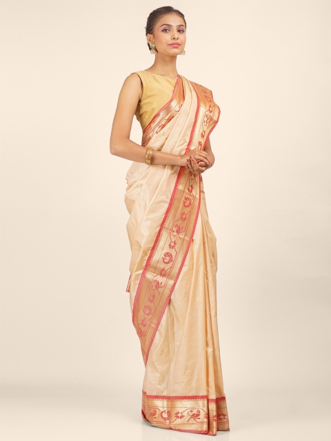 

Hastakala Cream-Coloured & Red Ethnic Motifs Art Silk Paithani Saree