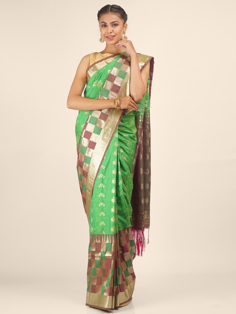 

Hastakala Green & Brown Ethnic Motifs Woven Zari Art Silk Saree