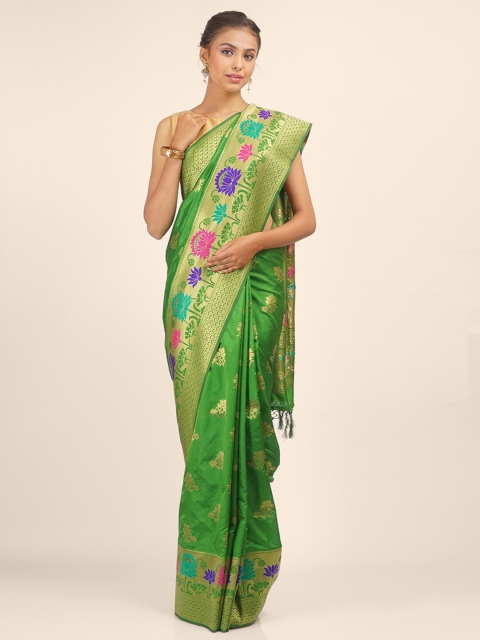 

Hastakala Green & Gold-Coloured Ethnic Motifs Zari Art Silk Tussar Saree