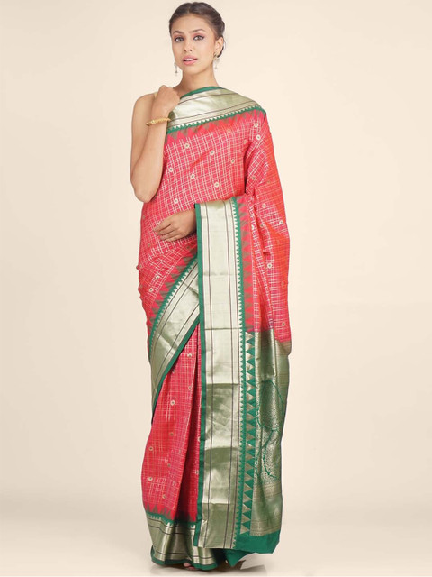 

Hastakala Red & Green Floral Art Silk Paithani Saree